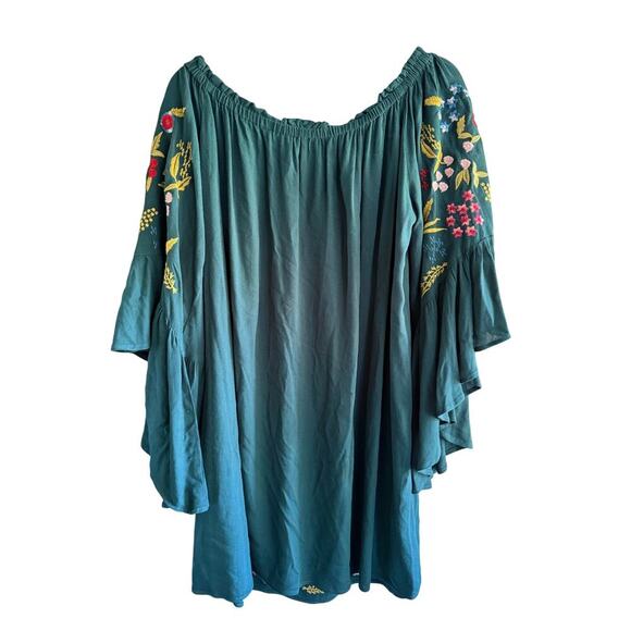 Umgee Teal Embroidered Flowers Off Shoulder Dress Bell Sleeves Boho size XL - Picture 5 of 5
